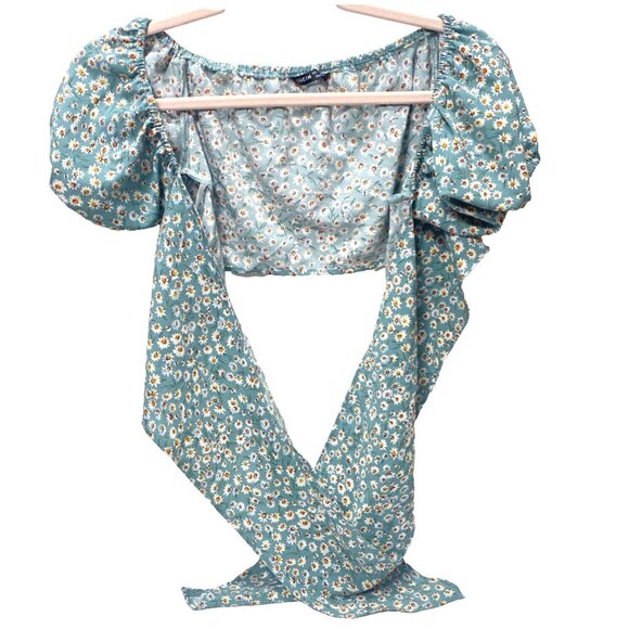 Front Tie Floral Cropped Shirt Blouse Green Teal Summer Shirt Size L, New No Tag - Picture 1 of 8
